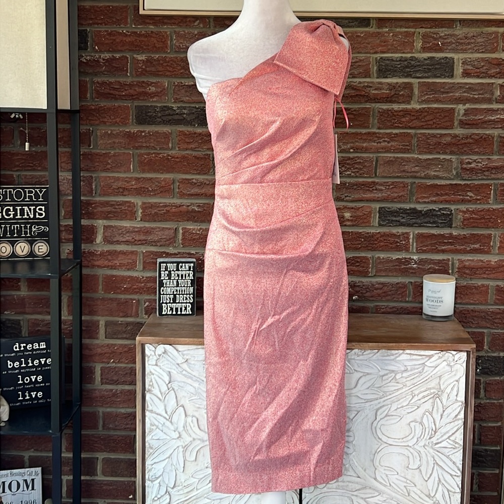 Teri Jon Pink Shimmering One Shoulder Bow Cocktail Dress Size 2 NWT - Picture 4 of 11